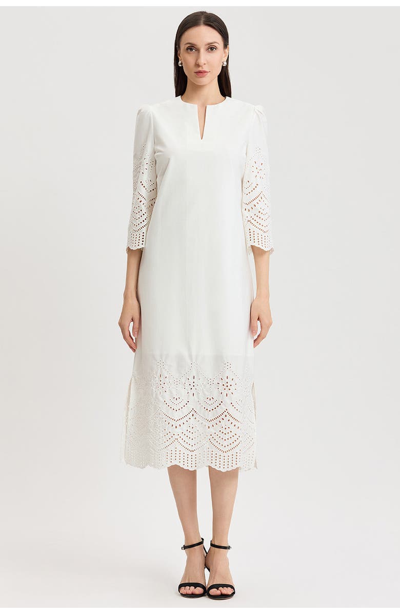 Ming Wang Lined Eyelet Straight Cotton Maxi Dress, Main, color, White