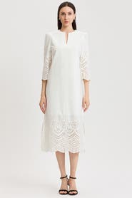 Ming Wang Lined Eyelet Straight Cotton Maxi Dress