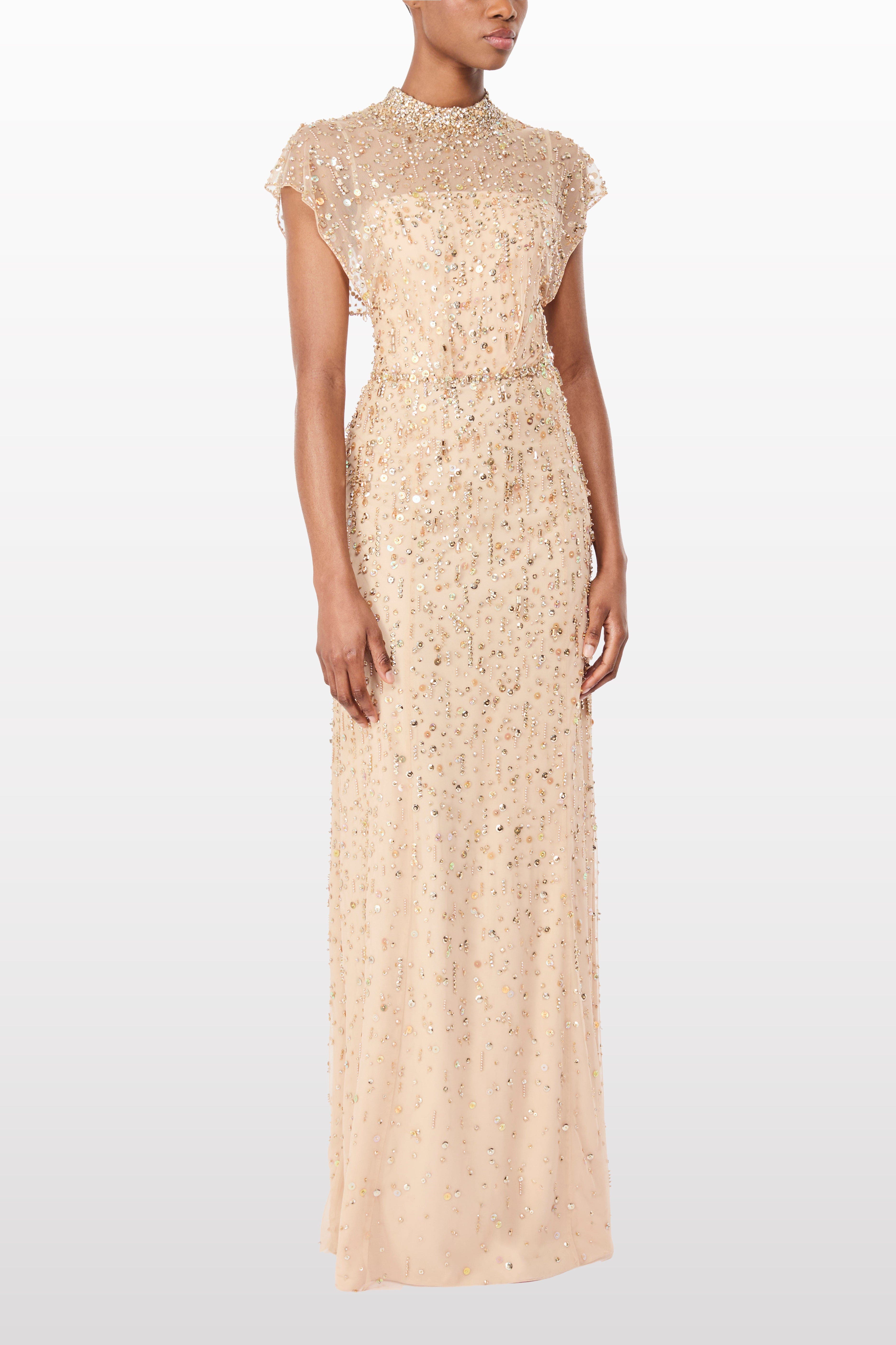 Crystal Drop Embellished High-Neck Maxi Dress