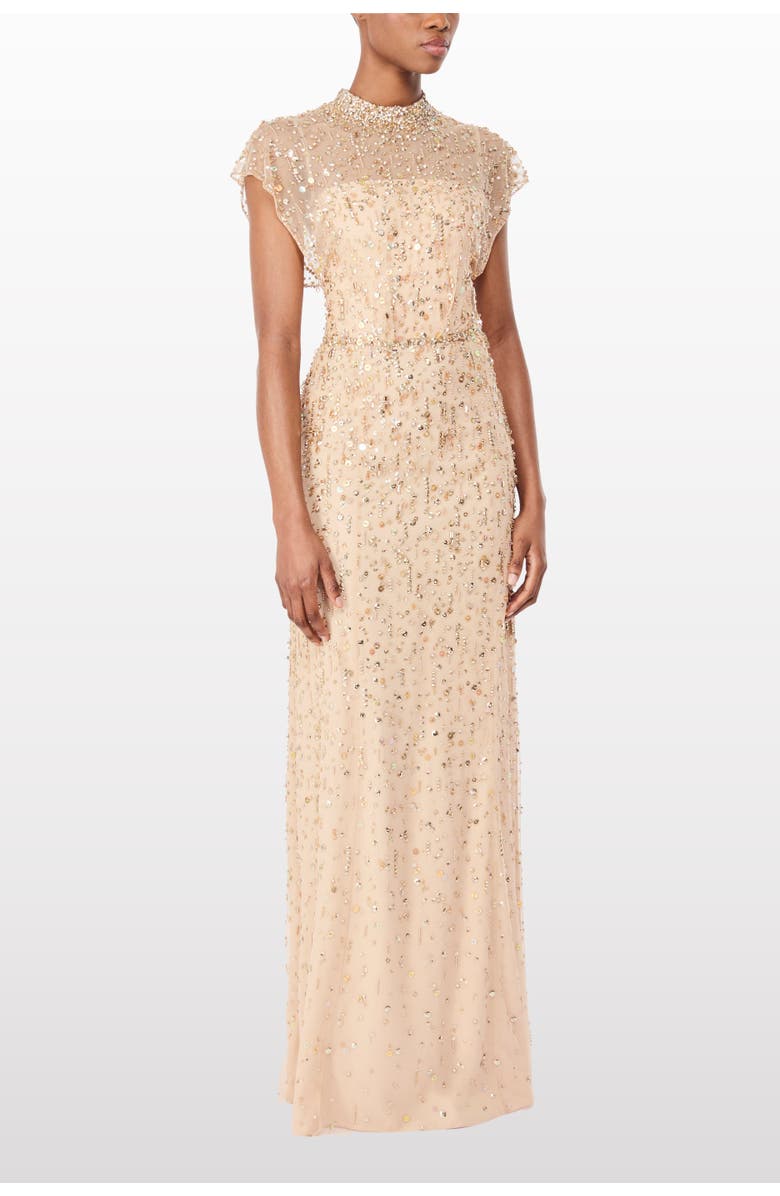 Jenny Packham Crystal Drop Embellished High-Neck Maxi Dress, Main, color, Illusion