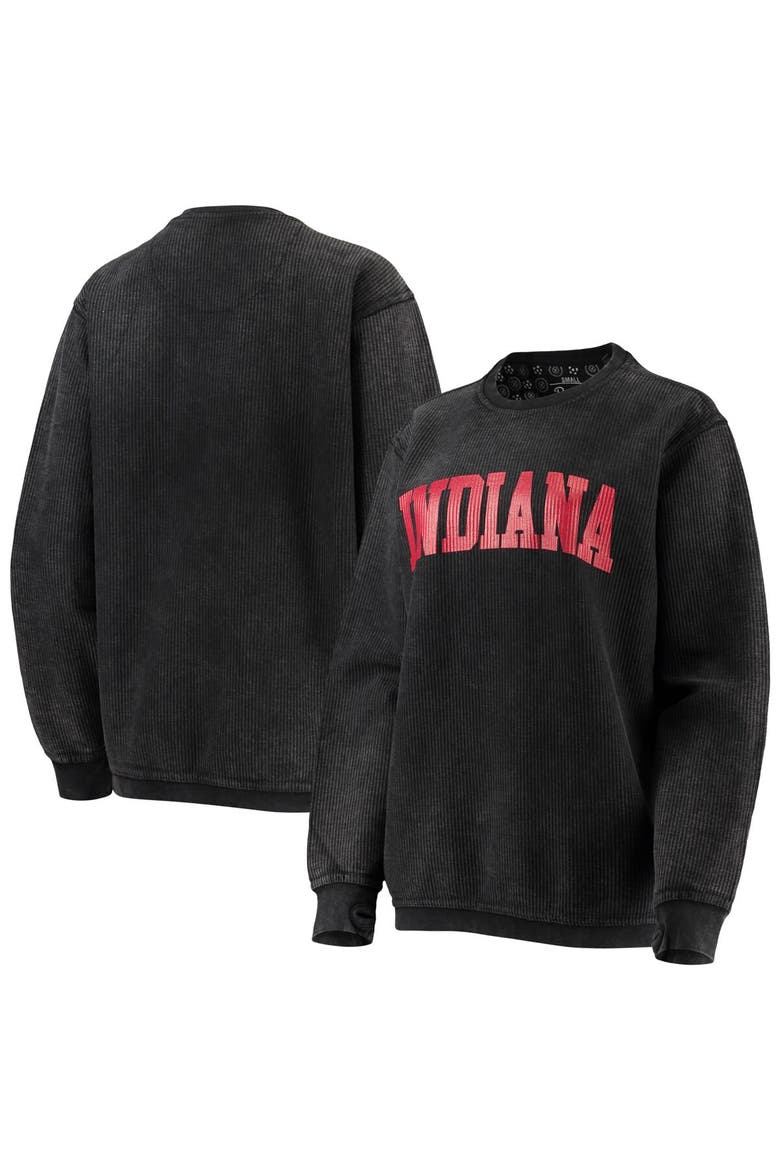 Women's Pressbox Black Indiana Hoosiers Comfy Cord Vintage Wash Basic Arch Pullover Sweatshirt, Main, color, Black