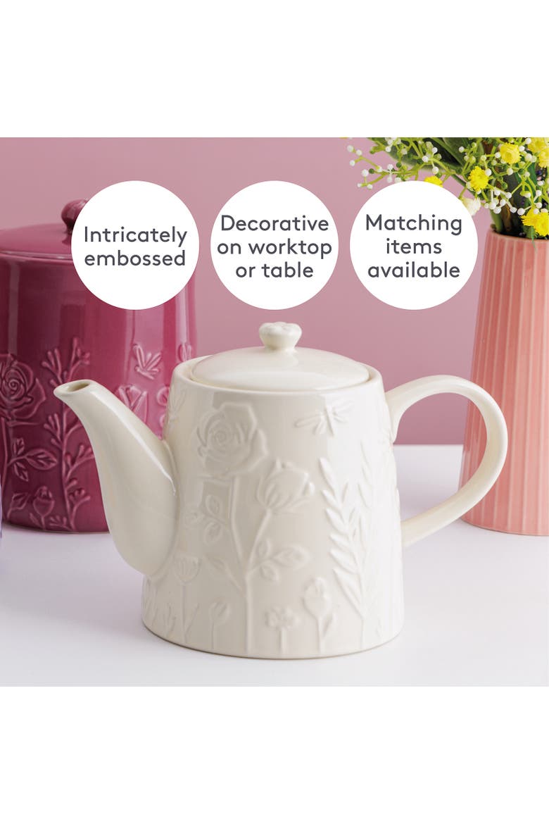 In the Meadow Teapot, 34 fl oz Stoneware Teapot with Embossed Floral Design, Alternate, color, Cream