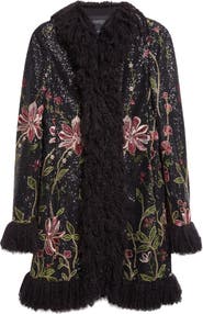 Giambattista Valli Sequin Floral Embroidered Coat with Faux Fur Trim