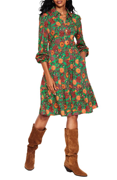 Boden Floral Long Sleeve Tiered Shirtdress in Rich Emerald Ornate Bud 