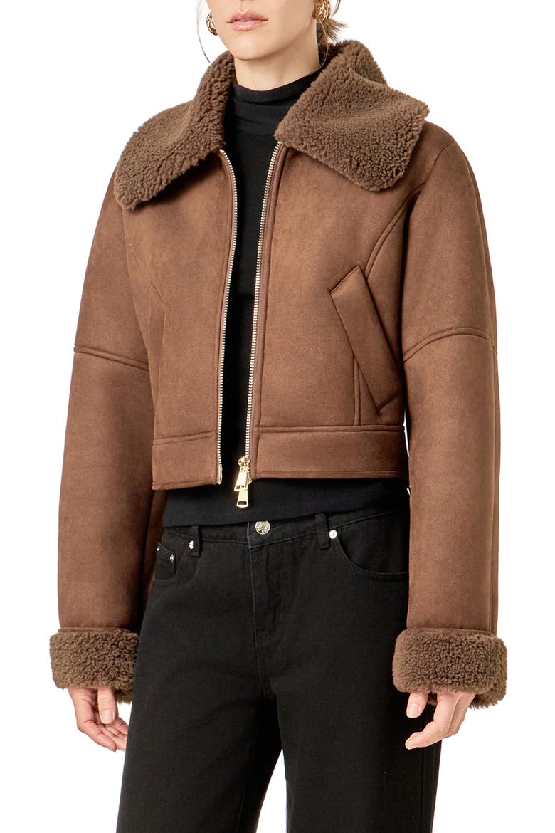 Faux Shearling Trim Moto Jacket, Alternate, color, BROWN