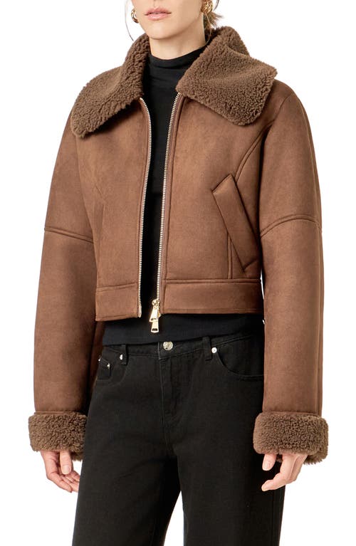 English Factory Faux Shearling Trim Moto Jacket In Brown