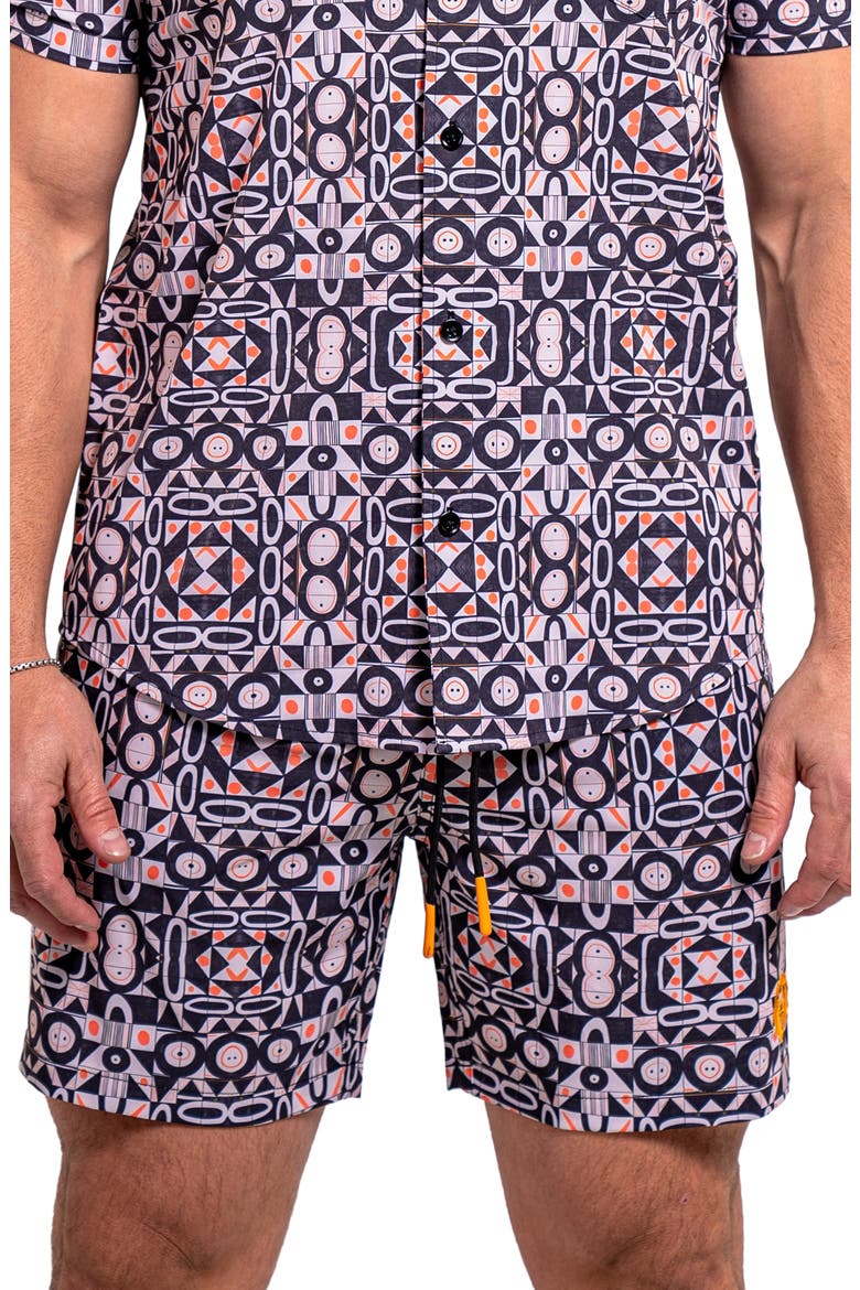 Liontiles Print Black Swim Trunks, Main, color, BLACK