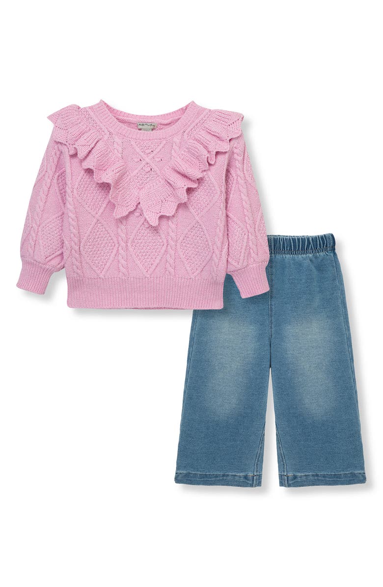 Habitual Kids Cable Knit Ruffle Sweater & Wide Leg Pants Set, Main, color, 