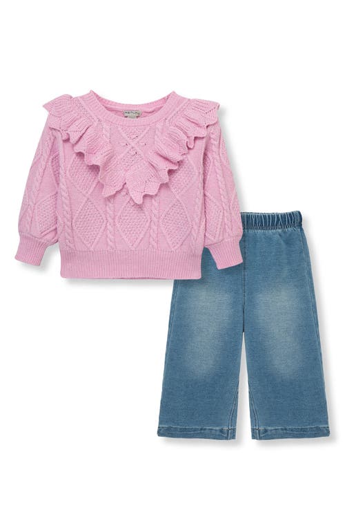 Habitual Kids Cable Knit Ruffle Sweater & Wide Leg Pants Set in Light Pink 