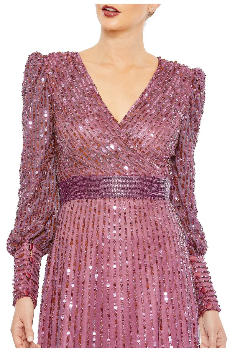 Mac Duggal Sequined Wrap Over Bishop Sleeve Gown, Alternate, color, Mauve