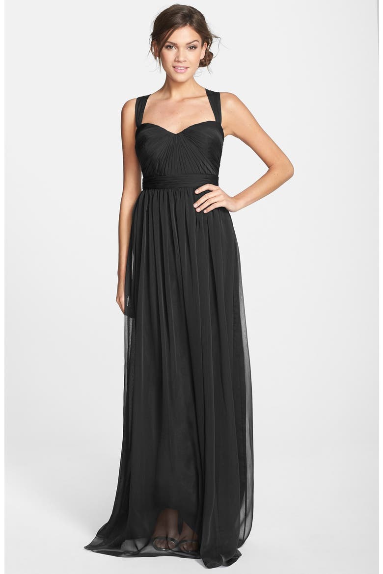 Shirred Chiffon Gown, Main, color, BLACK