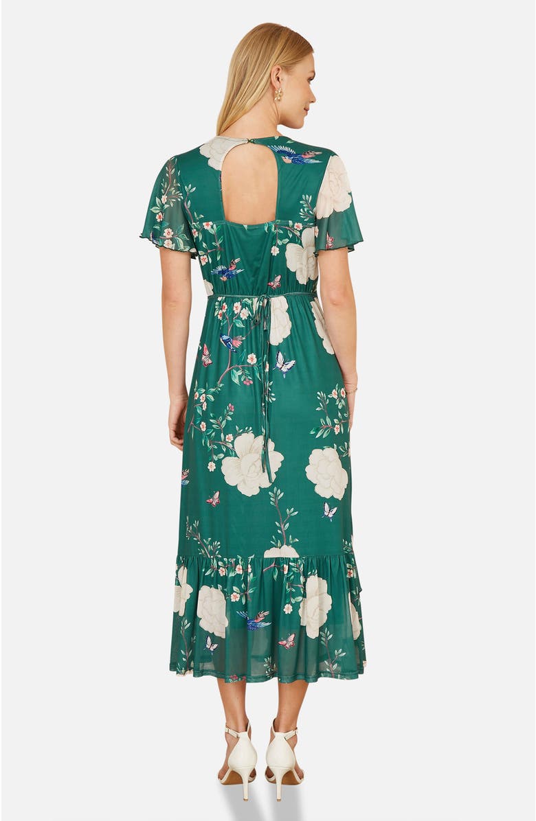 Yumi Mesh Bird And Floral Print Midi Dress, Alternate, color, Green