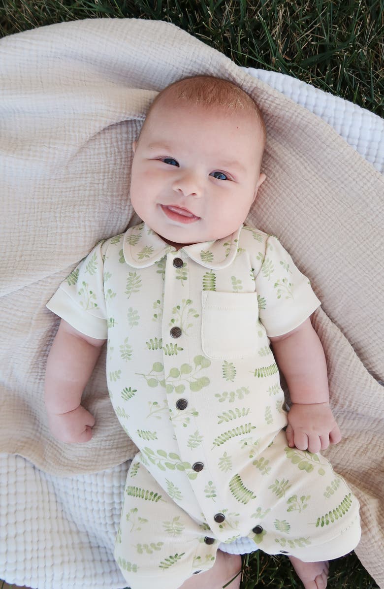 L'ovedbaby Print Organic Cotton Pocket Romper, Alternate, color, Stone Botanica