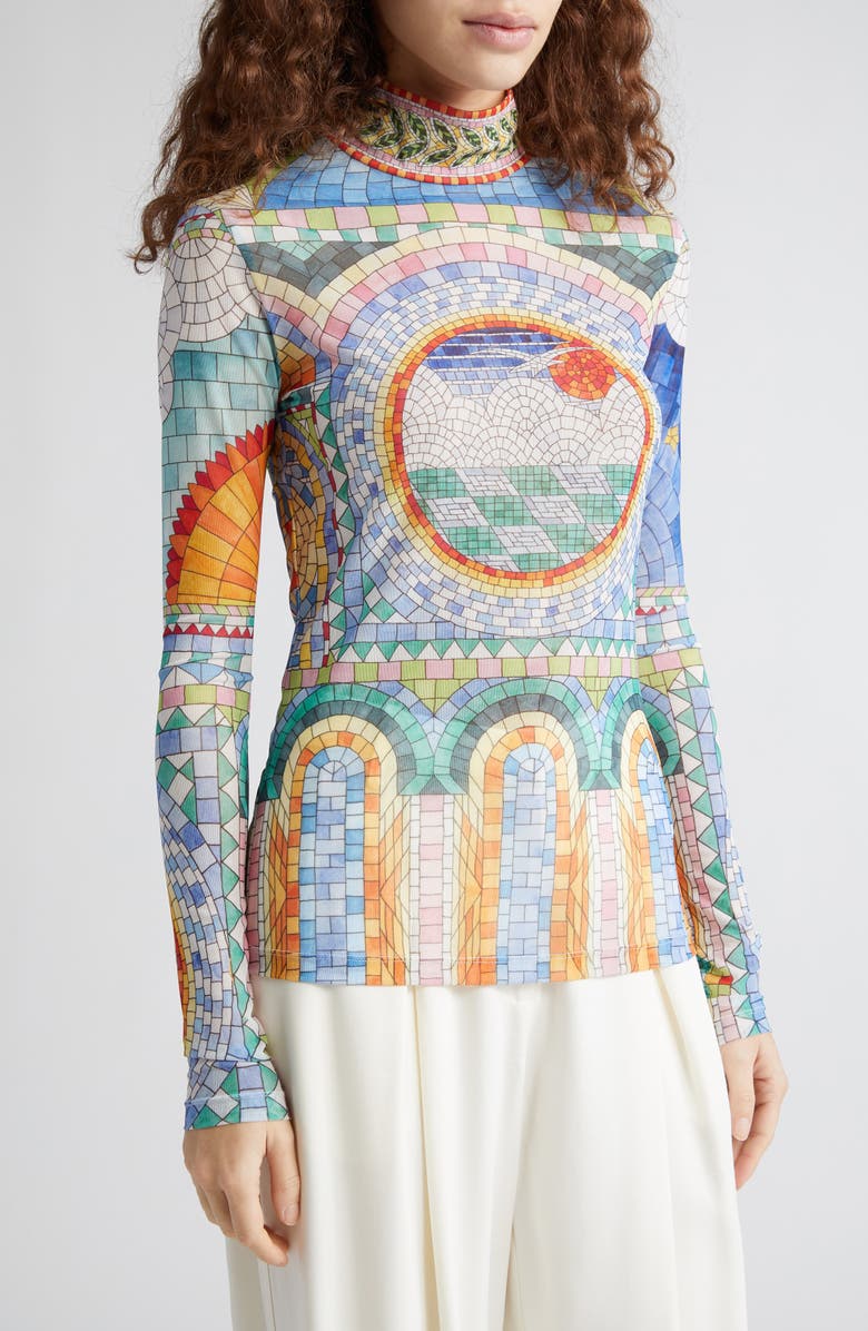 Casablanca Mosaic de Damas Print Mesh Turtleneck Top, Alternate, color, 
