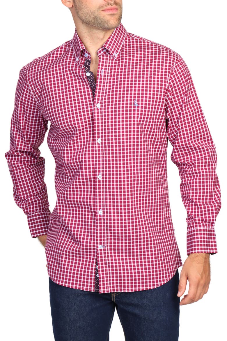 Regular Fit Windowpane Stretch Cotton Button-Down Shirt, Main, color, MERLOT