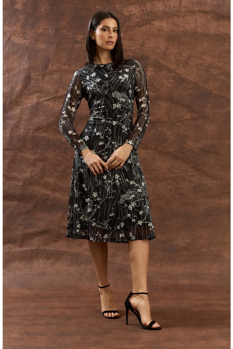 Long Sleeve Mesh Midi Dress, Alternate, color, BLACK/ IVORY