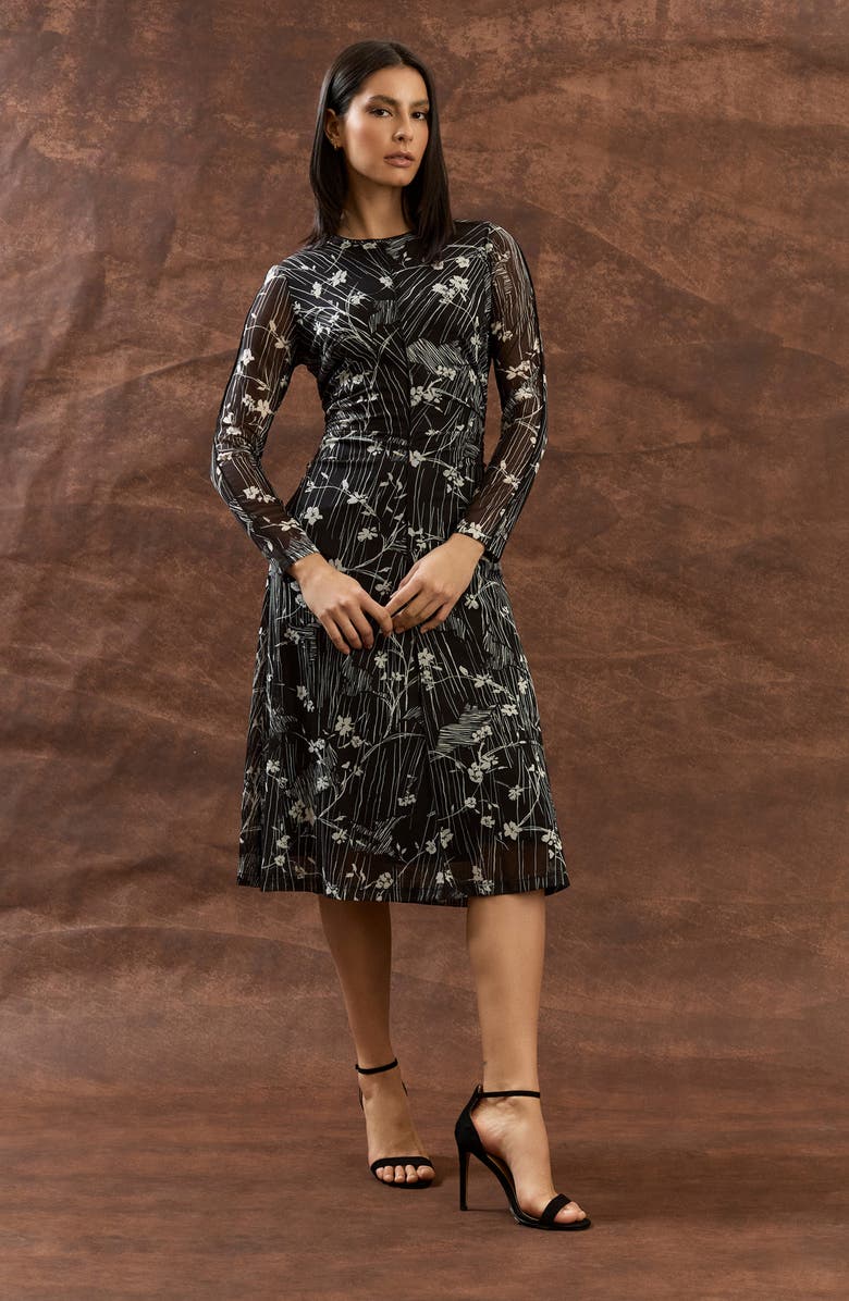 Maggy London Long Sleeve Mesh Midi Dress, Alternate, color, Black/ Ivory