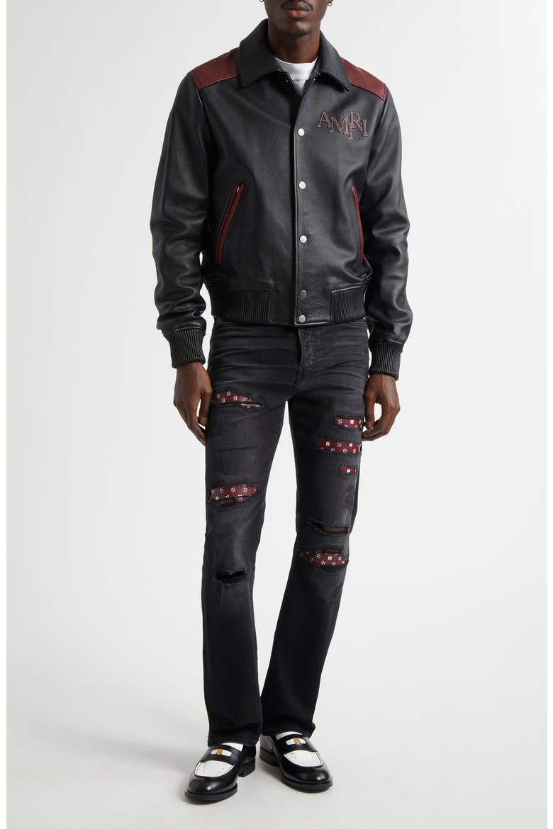 Colorblock Staggered Logo Leather Jacket, Alternate, color, BLACK