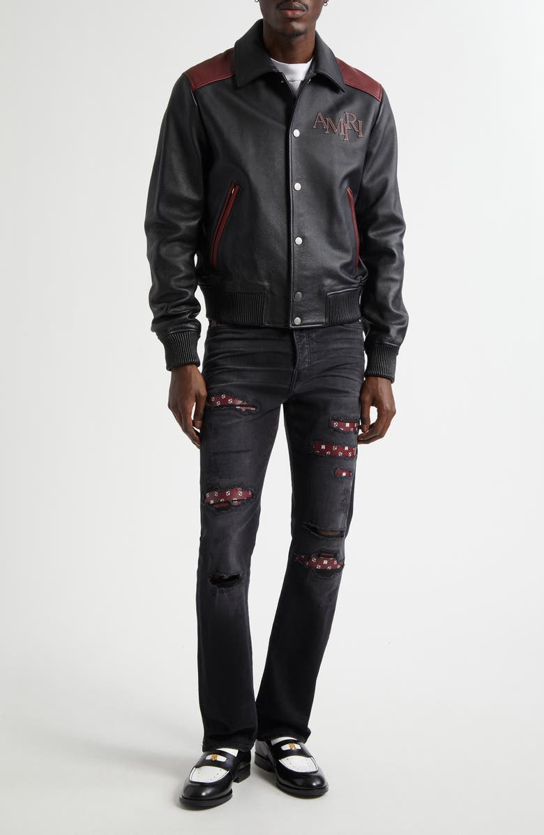 AMIRI Colorblock Staggered Logo Leather Jacket, Alternate, color, Black