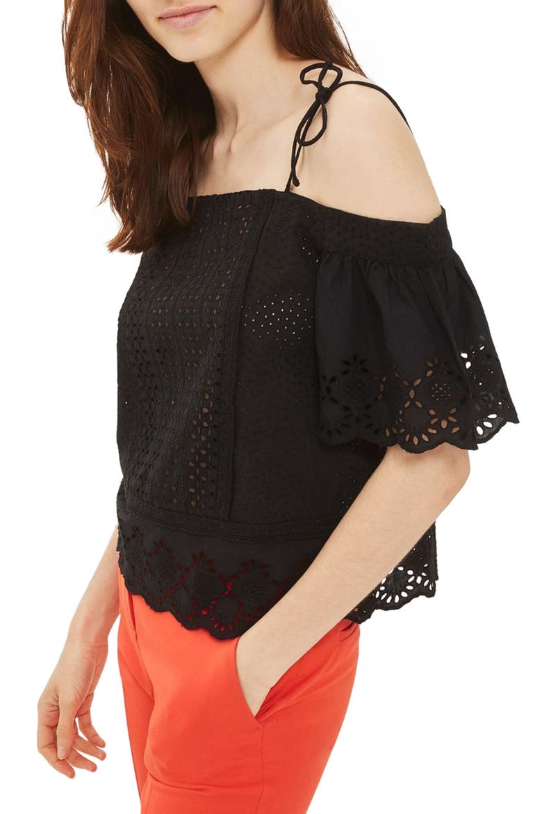 Broderie Bardot Top, Alternate, color, BLACK