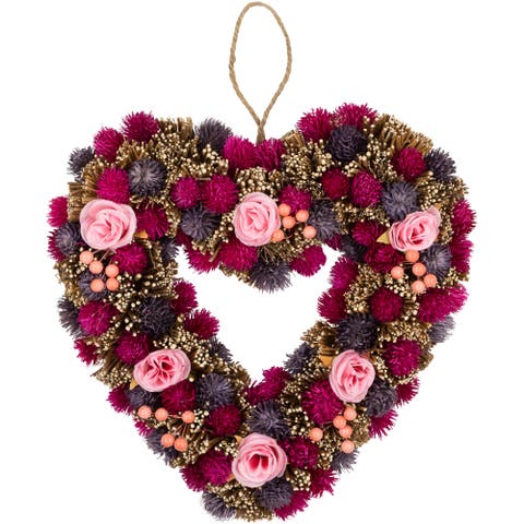 Floral and Twig Artificial Heart Valentine's Day Wreath - 13.5" - Pink and Purple