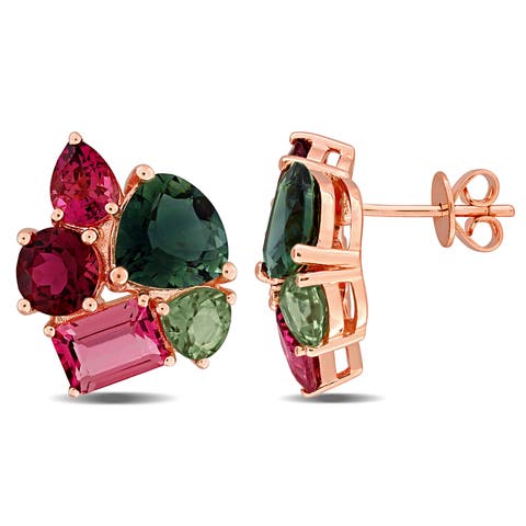 Green & Pink Tourmaline Cluster Drop Earrings