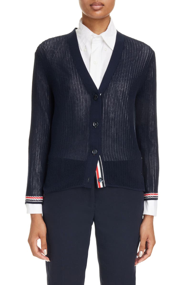 Thom Browne RWB Stripe Trim Cotton Cardigan, Main, color, 