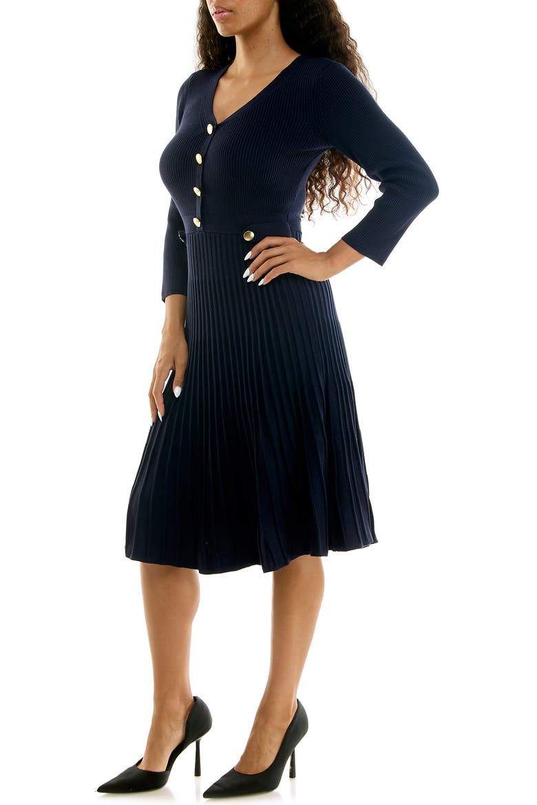 Pleated Long Sleeve Sweater Dress, Alternate, color, NAVY