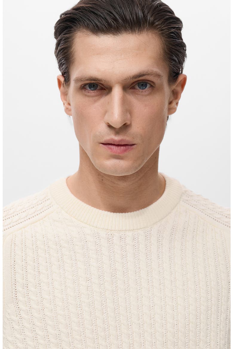 Cabled Cotton Crewneck Sweater, Alternate, color, OFF WHITE