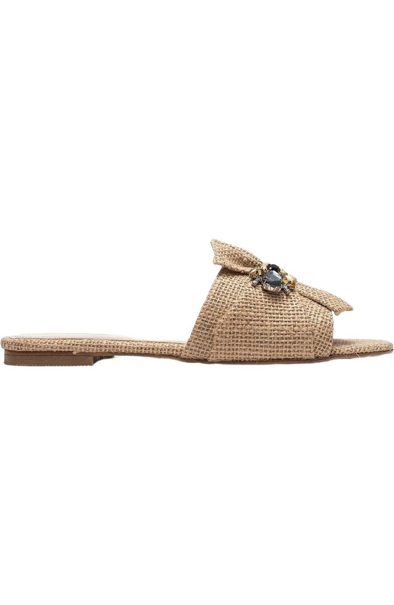 Prologue Shoes Daphne Raffia Bow Slide Sandal, Alternate, color, Beige Faux Leather