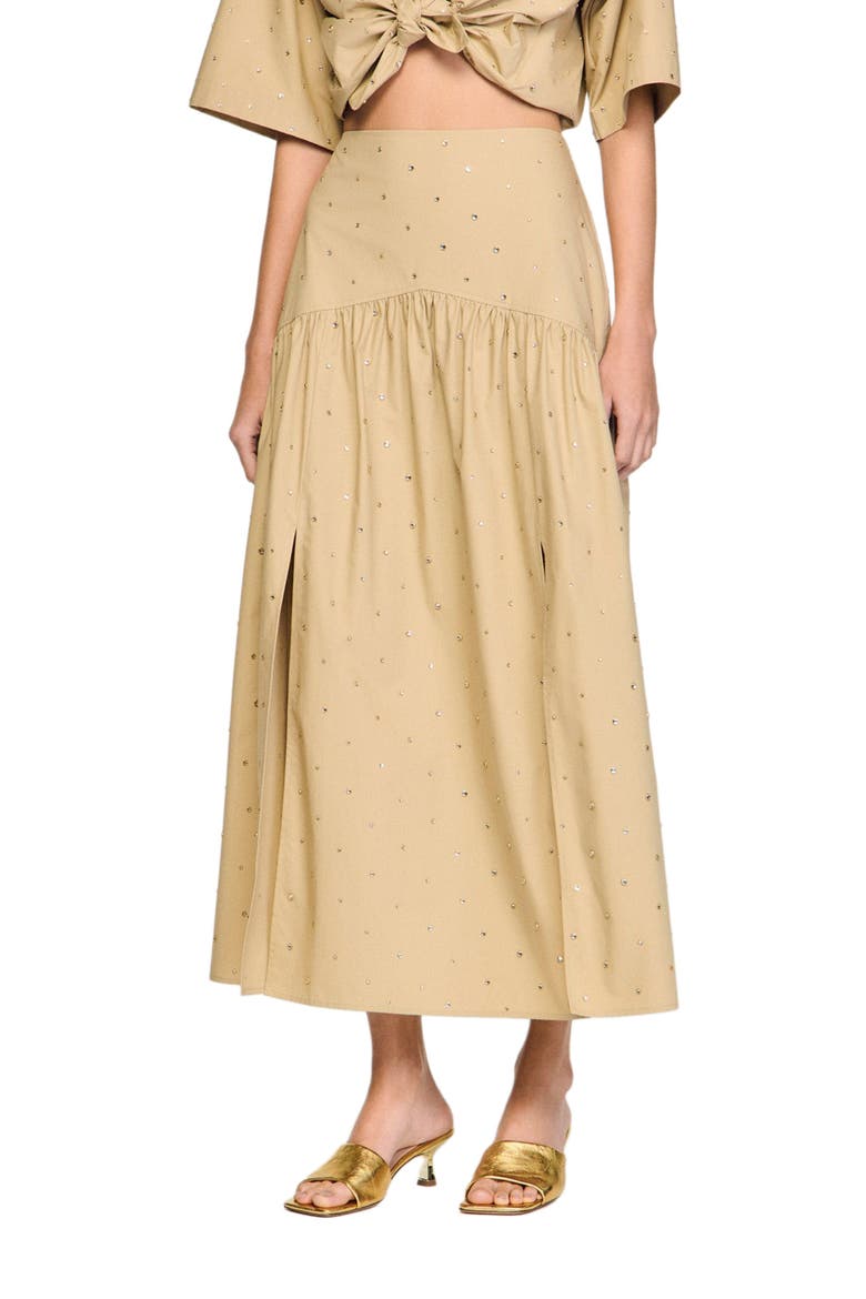 Long rhinestone cotton skirt, Main, color, Beige