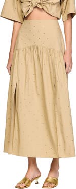 SANDRO Long rhinestone cotton skirt