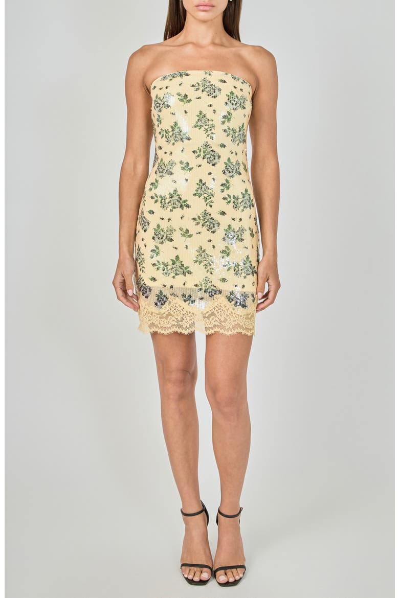 Floral Sequin Strapless Minidress, Main, color, LEMON MULTI