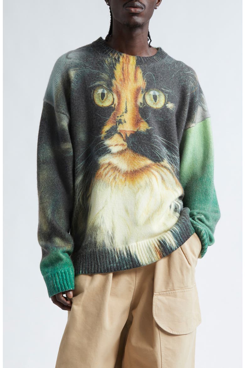 Cat Print Wool & Cashmere Blend Crewneck Sweater, Main, color, EMERALD