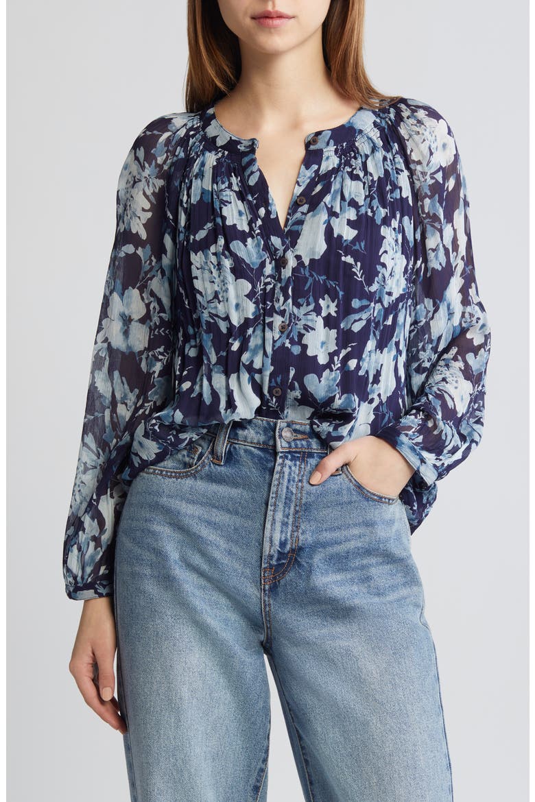 Nessie Pleated Floral Top, Main, color, INDIGO BLOSSOMS