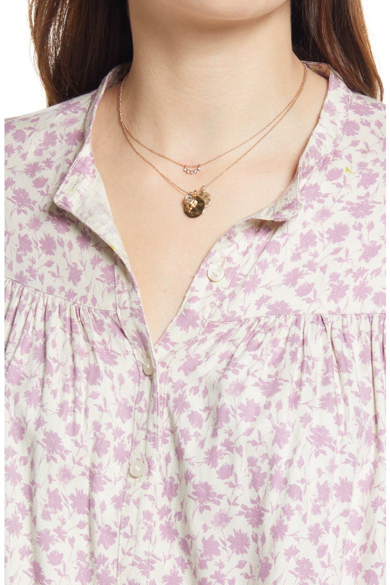 Floral Ruffle Trim Button-Up Shirt, Alternate, color, PURPLE SILHOUETTE FLORAL