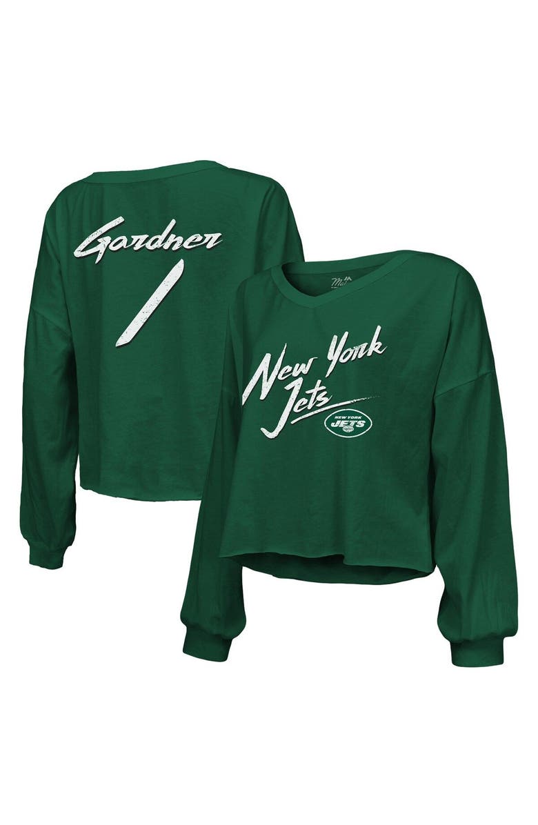 Majestic Threads Women's Majestic Threads Sauce Gardner Green New York Jets Name & Number Off-Shoulder Script Cropped Long Sleeve V-Neck T-Shirt, Main, color,