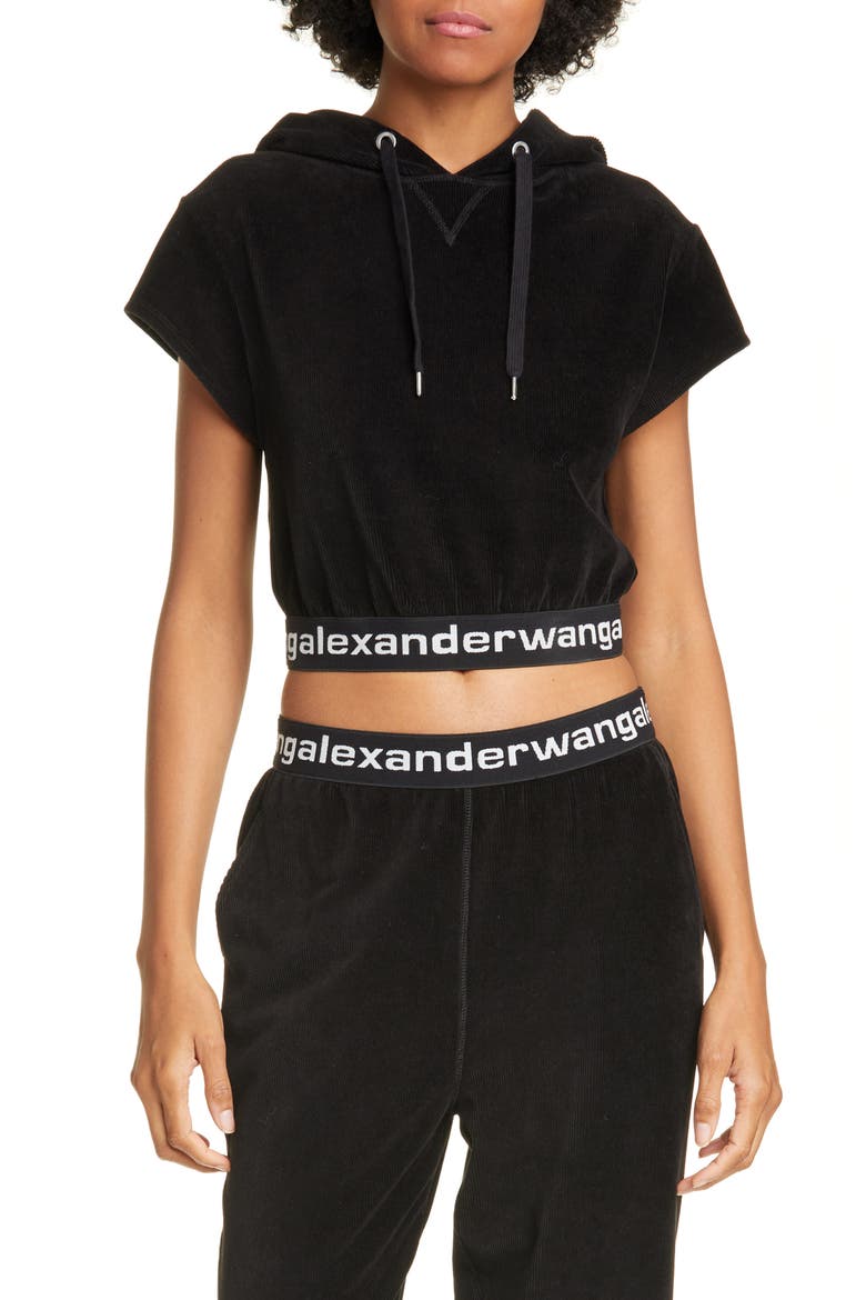 Logo Stripe Crop Corduroy Top, Main, color, BLACK