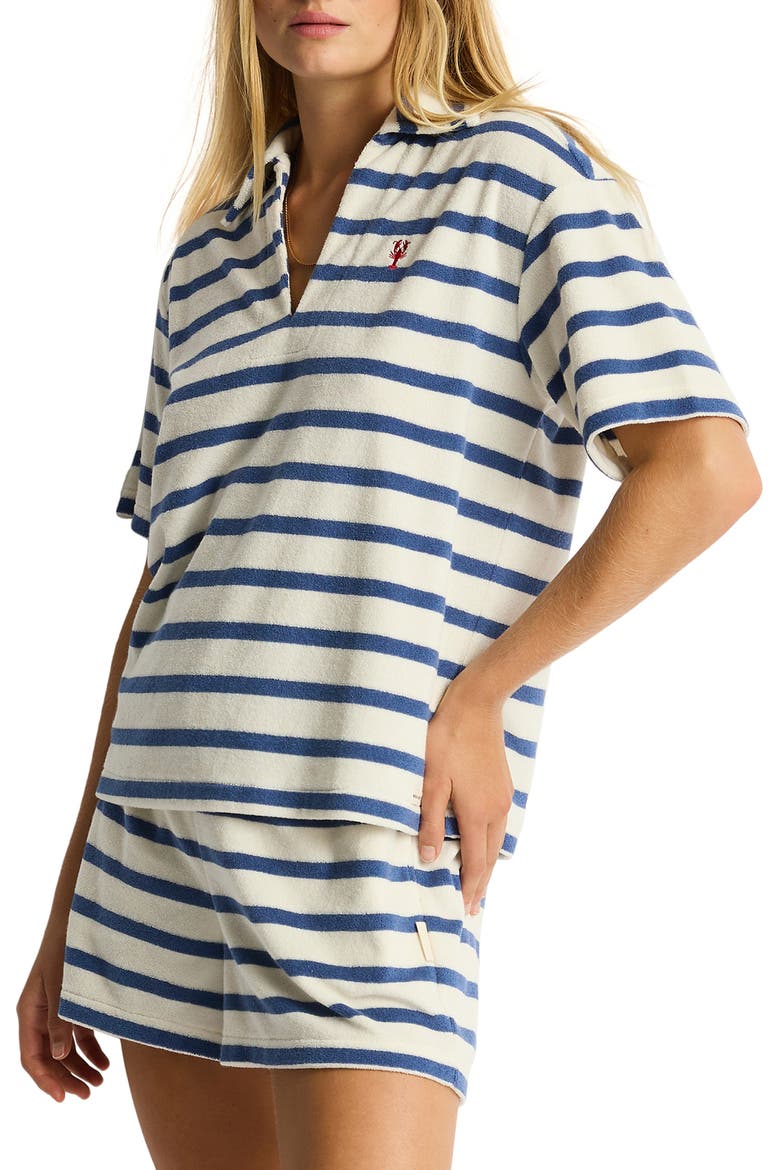 Ahoy Stripe Cotton Blend French Terry Cover-Up Polo Shirt, Alternate, color, DENIM BLUE
