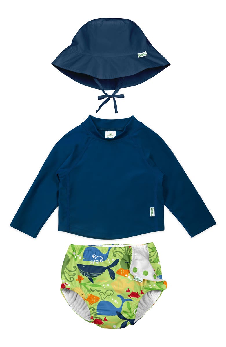 Green Sprouts Bucket Sun Hat, Long Sleeve Rashguard & Reusable Swim Diaper Set, Main, color,