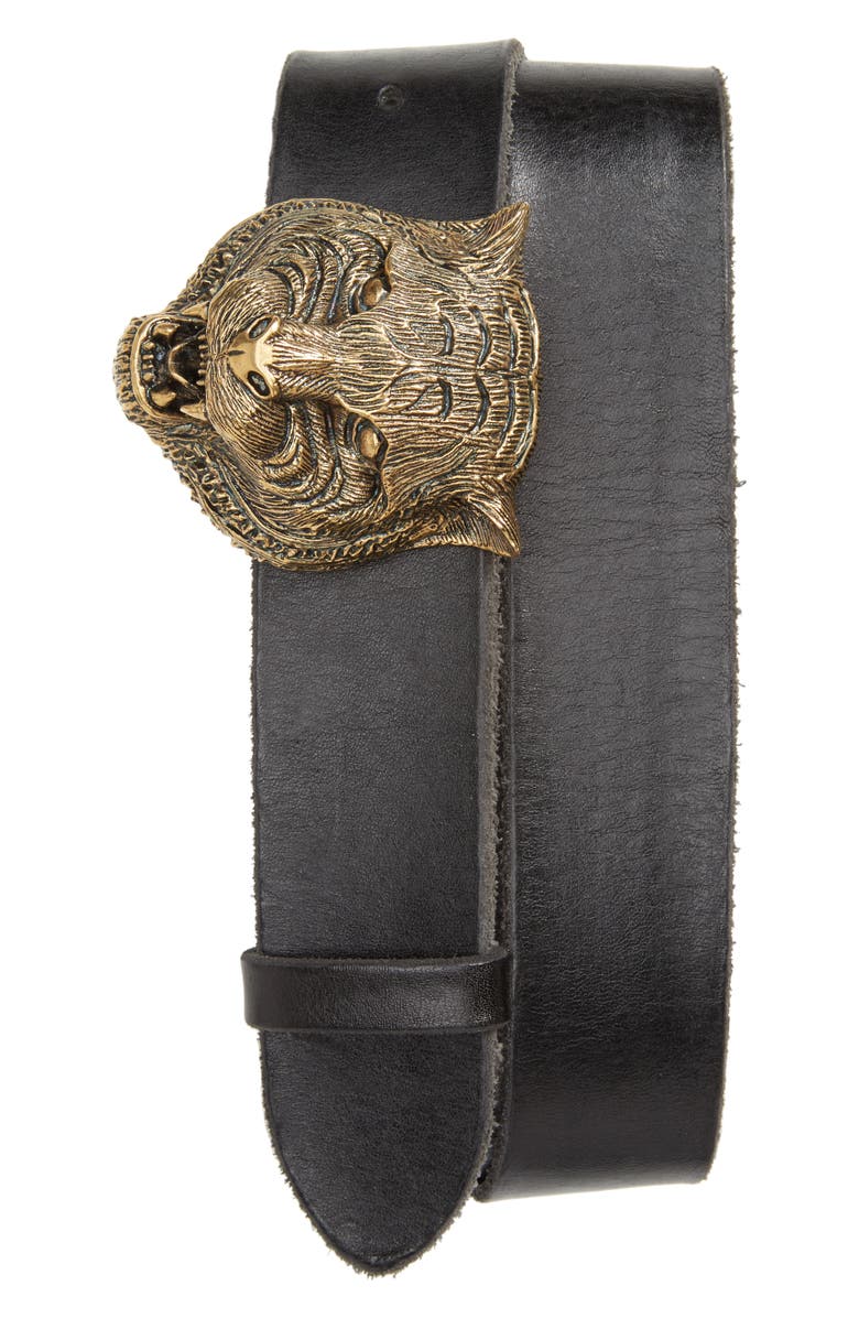 Gucci Tiger Head Leather Belt, Main, color, 