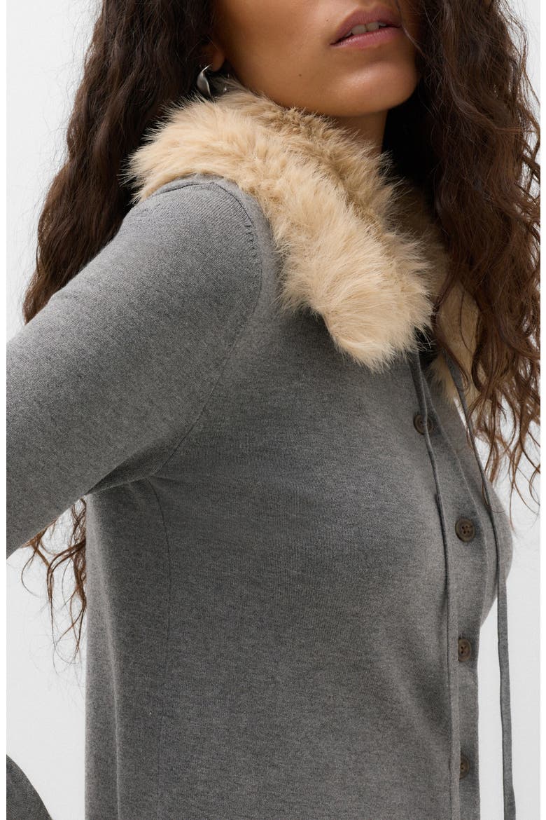 Faux Fur Collar Cardigan, Alternate, color, MEDIUM GREY MARL
