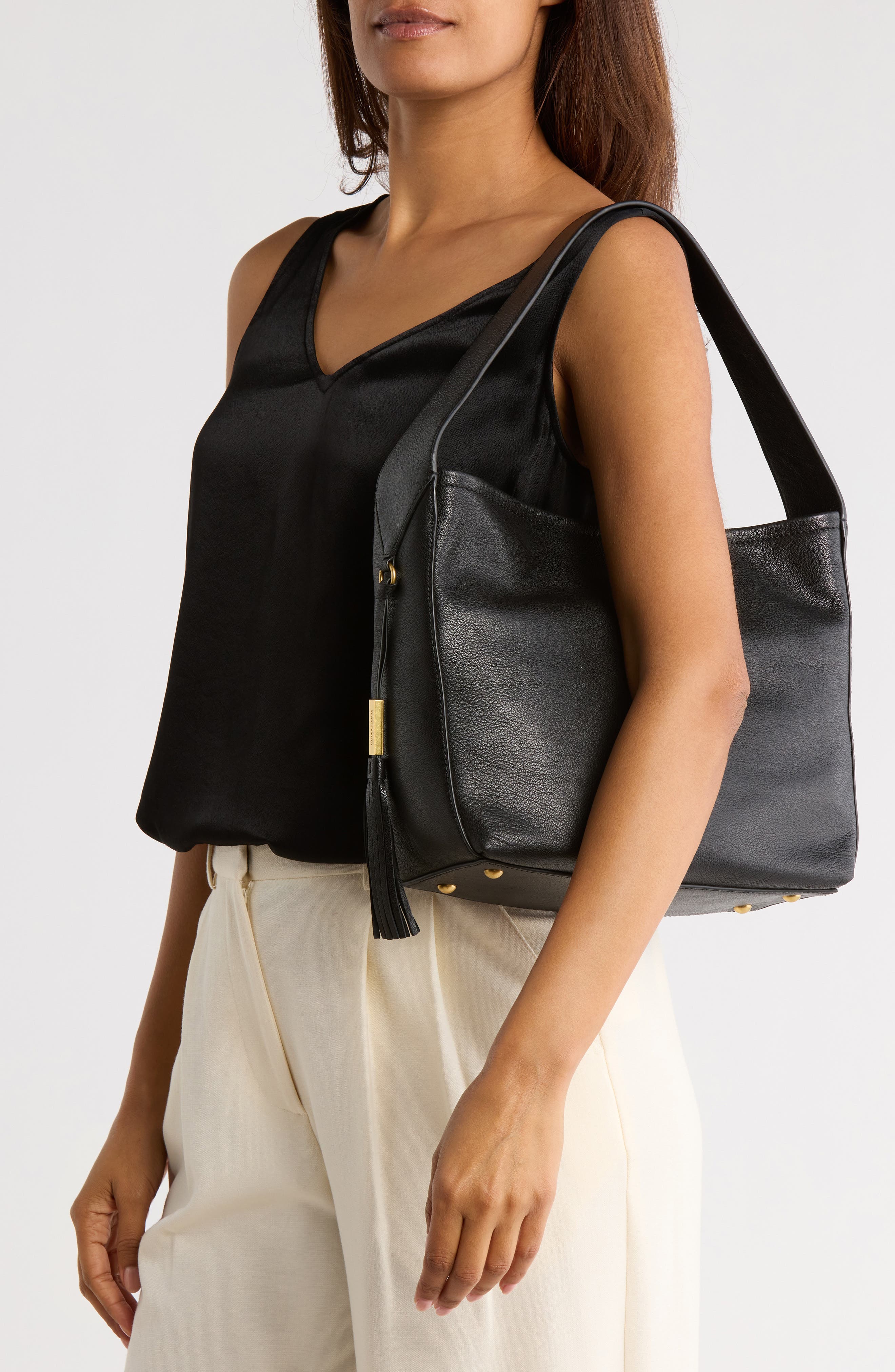 Vince Camuto Aleah Leather Shoulder Bag, Alternate, color, Black 01