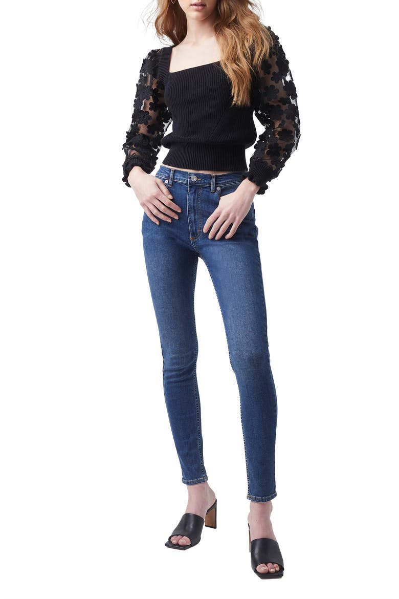 Juri Mozard Caballo Lace Sleeve Cotton Sweater, Alternate, color, BLACK