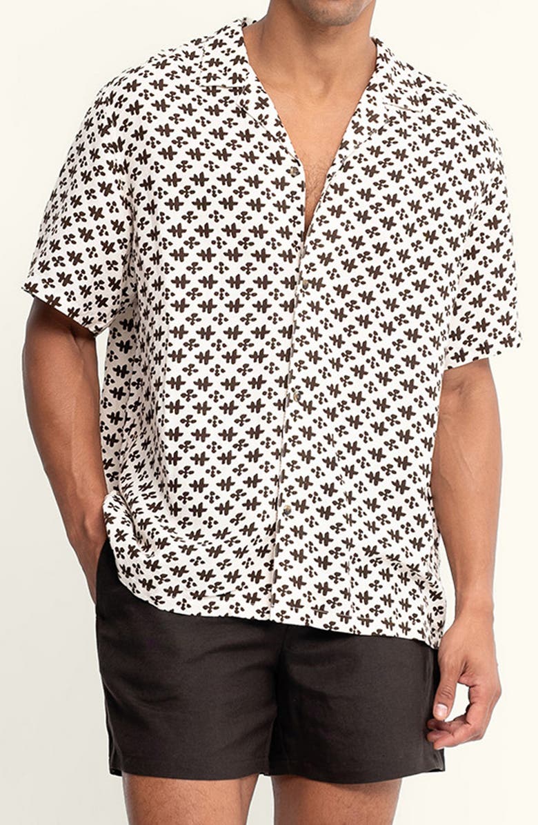AUTO-REPLY<sup>™</sup> Alex Printed Linen Blend Camp Shirt, Main, color, Saltstone/ Ivory