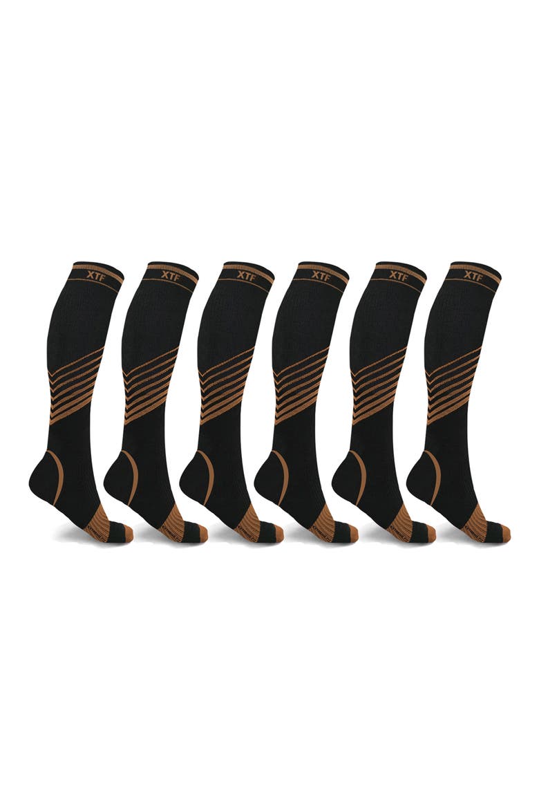 Pack of 6 Copper Infused Knee High Socks, Main, color, BLACK/ BROWN
