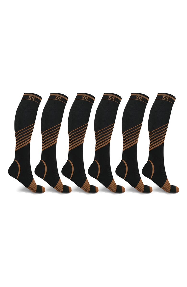 EXTREME FIT Pack of 6 Copper Infused Knee High Socks, Main, color, Black/ Brown