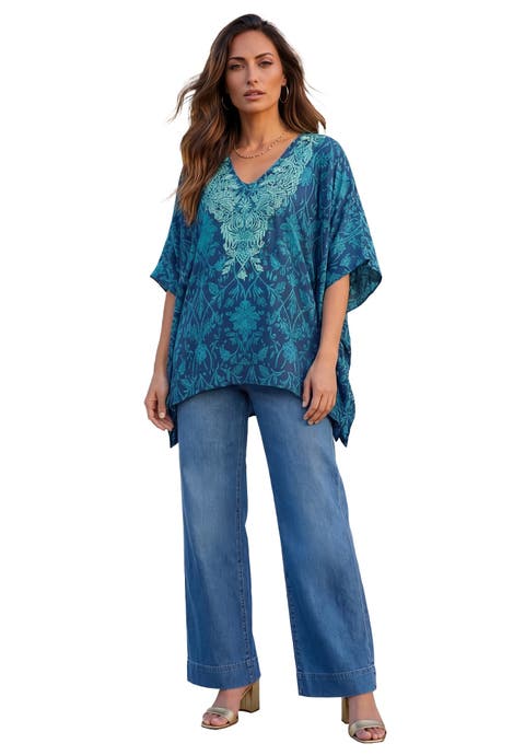 Plus Size Georgette V Neck Embroidered Poncho Blouse