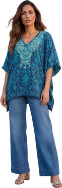 Roaman's Plus Size Georgette V Neck Embroidered Poncho Blouse