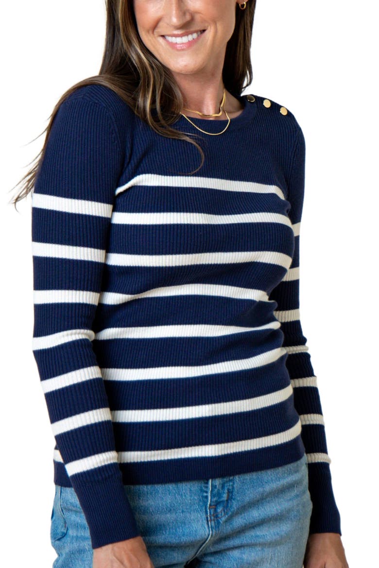 Women's Crew Neck Button Sweater, Alternate, color, Navy Breton Stripe